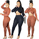 Solid Cross Long Sleeve Crop Top Leggings Set HMS-5519