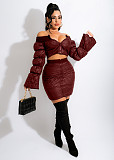 Off Shoulder Long Sleeve Crop Top+Bodycon Skirt Set OSM-7008