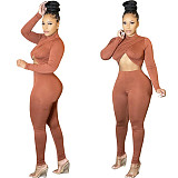 Solid Cross Long Sleeve Crop Top Leggings Set HMS-5519