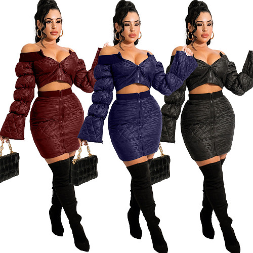 Off Shoulder Long Sleeve Crop Top+Bodycon Skirt Set OSM-7008