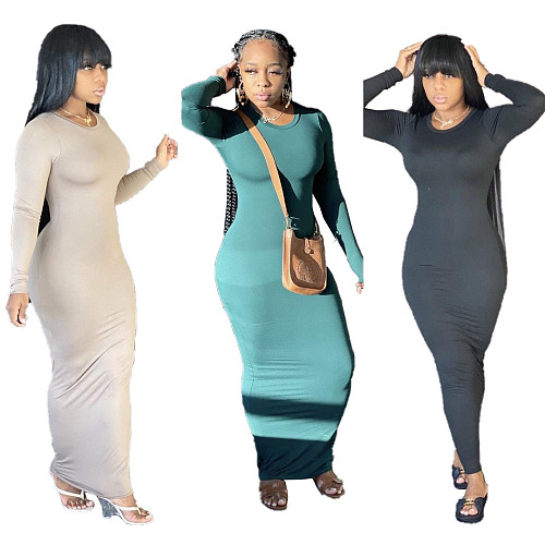 Solid Color Long Sleeve O Neck Bodycon Dress ZAND-31172