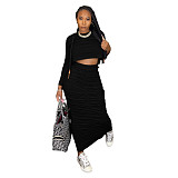 Long Sleeve Crop Top Pleated Ruched Skirts Set HANI-065