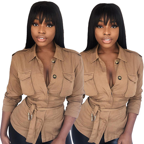 Solid Single-breasted Pocket Shirt With Belt WSY-5912