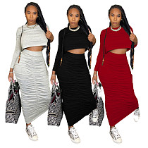 Long Sleeve Crop Top Pleated Ruched Skirts Set HANI-065