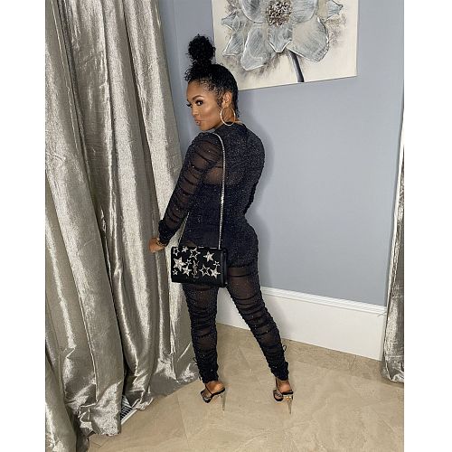 Sleeveless Bodysuit+Mesh See Through Jumpsuit Set FOS-8112