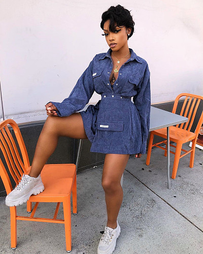 Corduroy Long Sleeve Shirt Top Mini Skirt Set SHA-6123