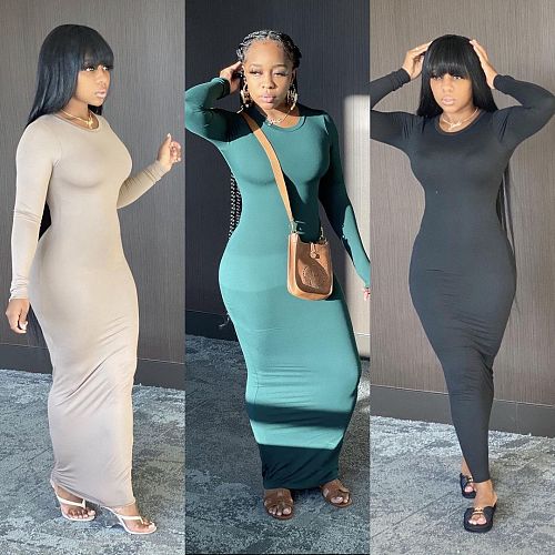 Solid Color Long Sleeve O Neck Bodycon Dress ZAND-31172