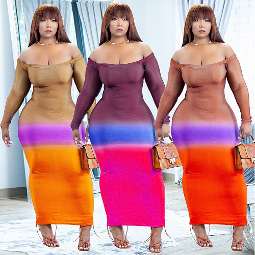 Low Cut Long Sleeve Gradient Maxi Dress LP-66325