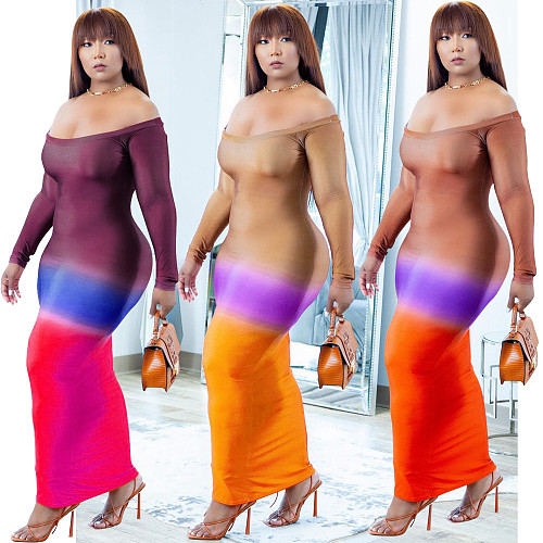 Low Cut Long Sleeve Gradient Maxi Dress LP-66325