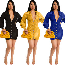 Single-breasted Lantern Sleeve Ruched Dresses FNN-8647