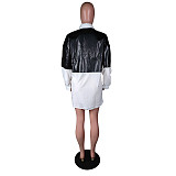 PU Leather Stitching Long Sleeve Shirt Dress MK-3068