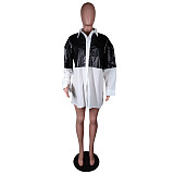 PU Leather Stitching Long Sleeve Shirt Dress MK-3068