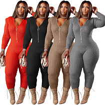 Knitted Long Sleeve Shoulder Padded Hooded Jumpsuit TK-6207