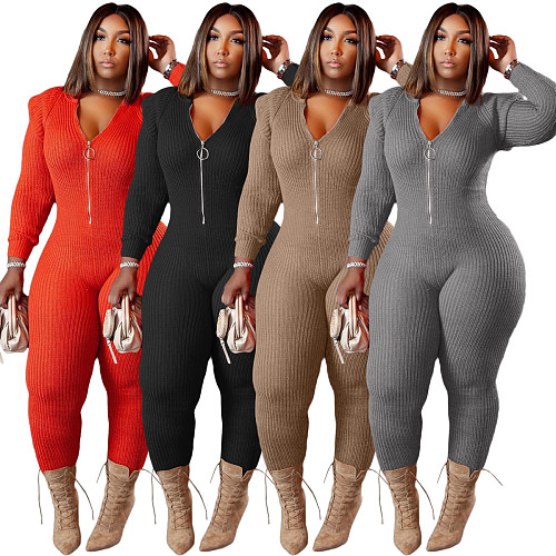 Knitted Long Sleeve Shoulder Padded Hooded Jumpsuit TK-6207