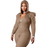Knitted Long Sleeve Shoulder Padded Hooded Jumpsuit TK-6207