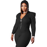 Knitted Long Sleeve Shoulder Padded Hooded Jumpsuit TK-6207