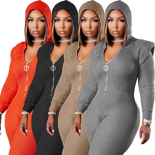 Knitted Long Sleeve Shoulder Padded Hooded Jumpsuit TK-6207