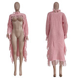 Solid Long Sleeve Tassel Irregular Long Sweaters TR-1188