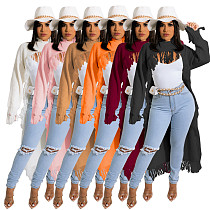 Solid Long Sleeve Tassel Irregular Long Sweaters TR-1188