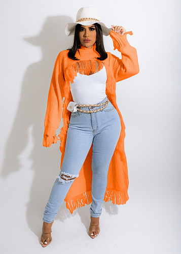 Solid Long Sleeve Tassel Irregular Long Sweaters TR-1188