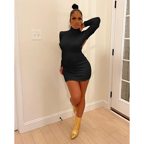 Cotton Solid Color Backless Long Sleeve Skinny Dress YIM-229