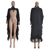Solid Long Sleeve Tassel Irregular Long Sweaters TR-1188