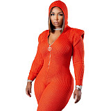 Knitted Long Sleeve Shoulder Padded Hooded Jumpsuit TK-6207