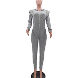 Knitted Long Sleeve Shoulder Padded Hooded Jumpsuit TK-6207