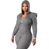 Knitted Long Sleeve Shoulder Padded Hooded Jumpsuit TK-6207