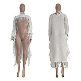 Solid Long Sleeve Tassel Irregular Long Sweaters TR-1188