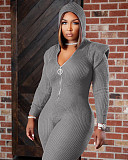 Knitted Long Sleeve Shoulder Padded Hooded Jumpsuit TK-6207