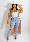 Solid Long Sleeve Tassel Irregular Long Sweaters TR-1188