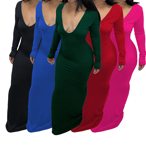 Solid Deep V Neck Long Sleeve Maxi Dress AIL-195