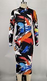 Abstract Print Long Sleeve Front Zip Skinny Dress XMY-9334