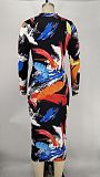 Abstract Print Long Sleeve Front Zip Skinny Dress XMY-9334