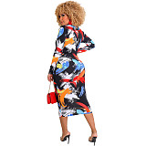 Abstract Print Long Sleeve Front Zip Skinny Dress XMY-9334