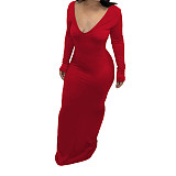 Solid Deep V Neck Long Sleeve Maxi Dress AIL-195