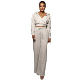 Solid Hooded Crop Top Wide Leg Sweat Pants Set CN-0163