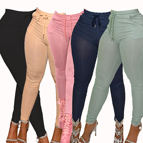 Solid Mid Waist High Stretch Skinny Drawstring Pants SHA-86274