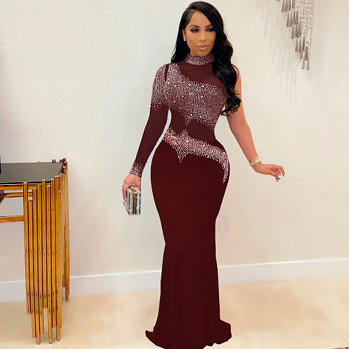 Hot Drilling Mesh One Shoulder Skinny Evening Dress NY-2225