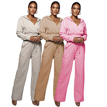 Solid Hooded Crop Top Wide Leg Sweat Pants Set CN-0163