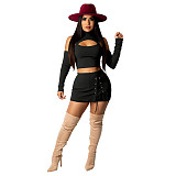 Hollow Out Long Sleeve Crop Top Bandage Skirt Set DD-88134