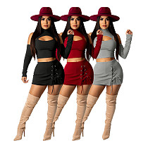 Hollow Out Long Sleeve Crop Top Bandage Skirt Set DD-88134