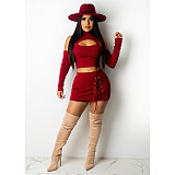 Hollow Out Long Sleeve Crop Top Bandage Skirt Set DD-88134