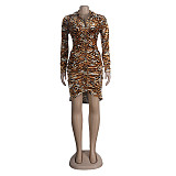 Leopard Print Single Breasted Ruched Bodycon Dress FSX-320