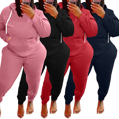 Plus Size Solid Hooded Sweatshirt And Pants Set WA-77330