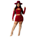 Hollow Out Long Sleeve Crop Top Bandage Skirt Set DD-88134