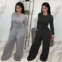 Solid Long Sleeve Crop Top Wide Leg Pants Set BER-8107