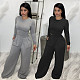 Solid Long Sleeve Crop Top Wide Leg Pants Set BER-8107