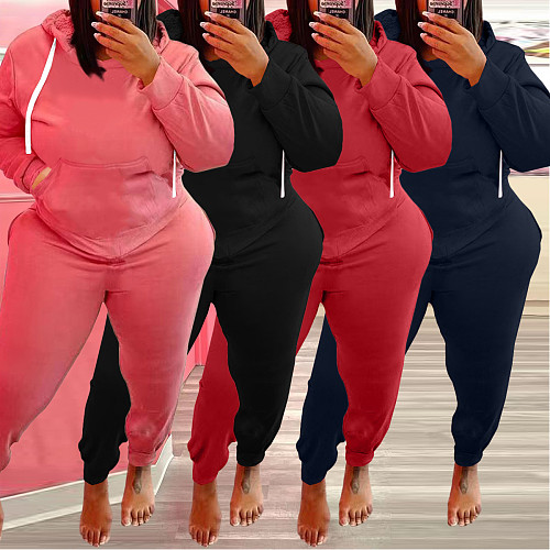 Plus Size Solid Hooded Sweatshirt And Pants Set WA-77330